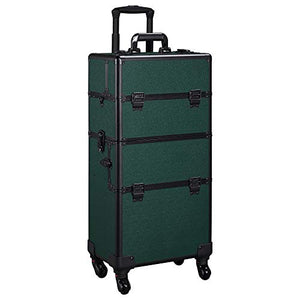 Yaheetech Makeup Train Case Aluminum Cosmetic Case 3 in 1 Beauty Trolley Professional Makeup Travel Case Dark Green