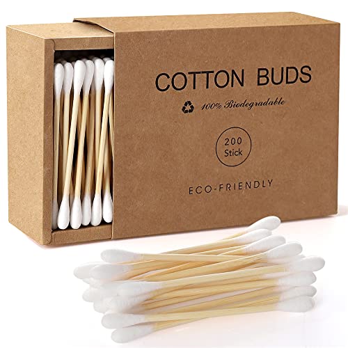 Bamboo Cotton Swabs, 200 Count Wooden Cotton Buds, Eco-Friendly Double Tips, Plastic Free Ear Sticks, 100% Natural Cotton Swabs—Kraft Paper Box (Drawer Box)