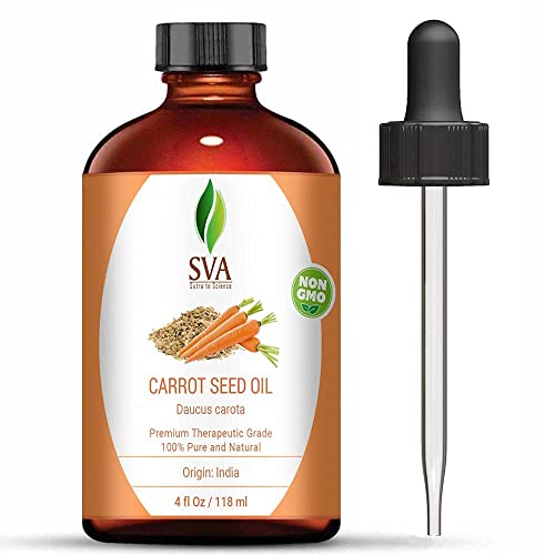 SVA Organics Carrot Seed Carrier Oil with Dropper- 118 ml (4 fl. oz.) 100% Pure, Natural, Cold Pressed and Therapeutic Grade for Moisturized Skin, Shiny Hair, Aromatherapy & Massage