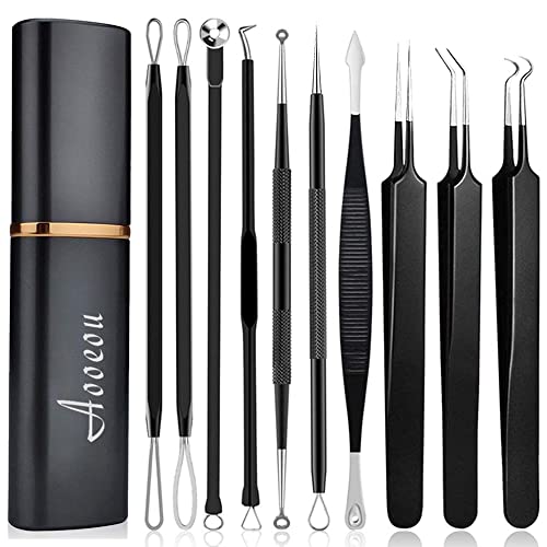 Pimple Popper Tool Kit, Aooeou 10 Pcs Professional Blackhead Extractor with Metal Case - Easy Removal for Pimples, Blackheads, Zit Removing, Forehead and Nose(Black)