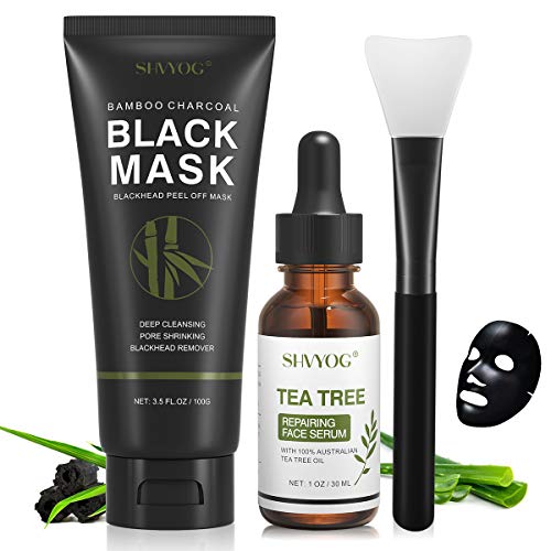 SHVYOG Blackhead Peel Off Face Mask, 3-in-1 Blackhead Remover Mask with Brush & Tea Tree Oil Serum, Charcoal Mask for Deep Cleansing Dirts, Pores, Skin Oil (100g+30ml)