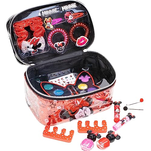 Disney Minnie Mouse - Townley Girl Zipper Cosmetic Train Case with Lip Gloss, Lip Balm, Hair Clips, Nail Stickers, Scrunchie and More, Ages 3+, for Parties, Sleepovers and Makeovers