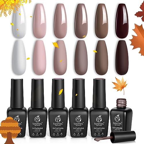 Beetles Gel Nail Polish Set, Coffee Cafe Collection Brown Neutral Beige Mauve Color Perfect for Autumn and Winter Nail Art Manicure Kit Soak Off LED Nail Lamp Gifts