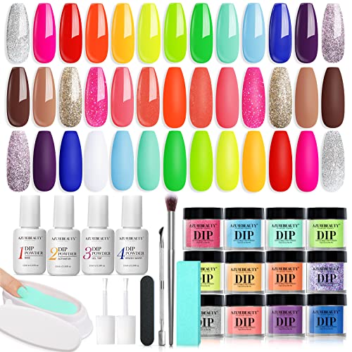 AZUREBEAUTY 31 Pcs Dip Powder Nail Kit Starter, Spring Summer 20 Colors Neon Hot Pink Magenta Lemon Green Dipping Powder Liquid Set with Base Activator and Top Coat French Nail Manicure Gift for Women