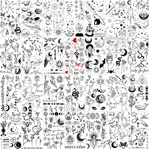 Shegazzi 28 Sheets 220+ PCS Minimalism Line Art Small Black Temporary Tattoos For Women Men Adults, 3D Moon Sun Star Fake Tattoo Stickers Abstract, Kids Snake Flower Space Tiny Tatoos Sets Finger Neck