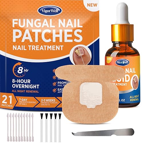 VigorWell Nail Repair Patches & Nail Fungus Treatment for Toenail Liquid Set Solution for Restoring Damaged Nails Overnight Toenail Fungus Treatment Extra Strength with 8-Hour (21Patches + 15mL)