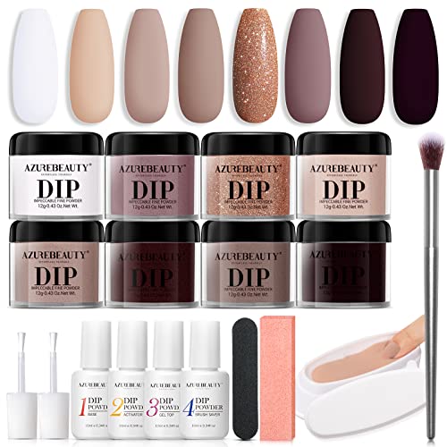 AZUREBEAUTY 18Pcs Dip Powder Nail Kit Starter, Dark Brown Purple Nude Neutral Skin Tone White Nail Dipping Powder System Essential Kit for French Nail Manicure Art Set Manicure Salon DIY at Home