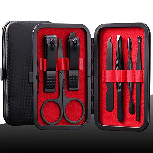 Manicure Kit Nail Clippers Set Stainless Steel Professional Pedicure Black 7 in 1 Grooming Kit Nail Scissors Cutter Ear Pick Tweezers Scissors Eyebrow Nail file for Man&Women gift (Red_7in1)