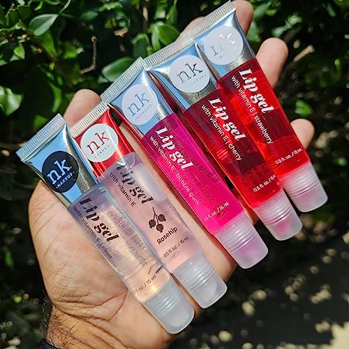 5 Pack Variety Set of Nicka K Lip Gels With Viatmin E - Clear, Rosehip, Strawberry, Cherry, and Bubble Gum Hydrating Lip Glosses