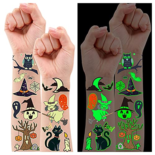 Partywind 250 Styles Glow Halloween Party Supplies, Luminous Halloween Temporary Tattoos for Kids Birthday Party Decorations Favors, Halloween Gifts Goodie Bag Fillers (24 Sheets)
