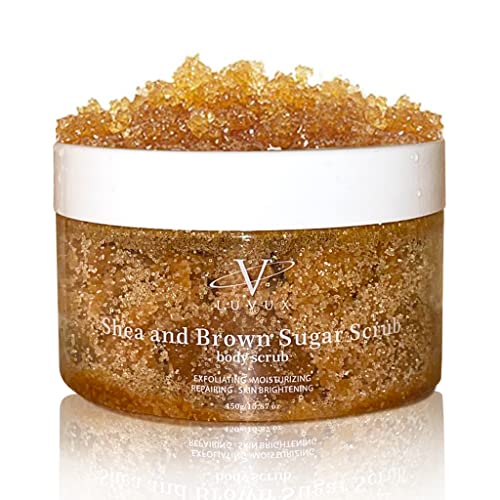 LUVUX Shea Brown Sugar Scrub - Exfoliating Body Scrub for Healthy, Silky, and Instant Glowing Skin – Fights Acne Scars, Stretch Marks, and Wrinkles - Natural Moisturizer and Soothing Texture - 15.84 Oz - Sandalwood Oil Scent
