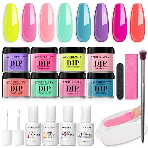 Nail Dip Powder Kit, AZUREBEAUTY Spring Summer Bright Pastel Easter Macaron Color Dip Nails Powder Starter Kit, Yellow Pink Purple Mint Blue Color Dip System with Essential Liquid and Dip Recycling Tray for Nail Maniure (12g/Piece)