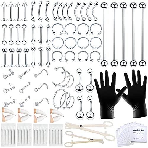 100PCS Piercing Kit 14G 16G 20G Piercing Jewelry for Nose Septum Ear Lip Belly Button Tongue Eyebrow Tragus Cartilage Piercing Tools with 20PCS 14G 16G 20G Piercing Needles 10 Alcohol Pads