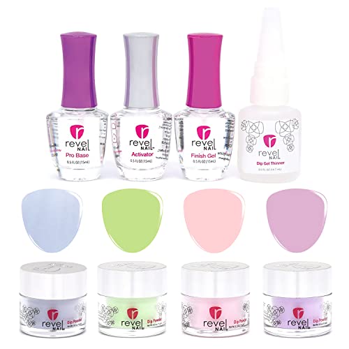 Revel Nail Passion for Pastels Odor Free Glossy Dip Powder Starter Nail Manicure Kit with Base, Activator, Finish Gel, Gel Thinner, and 4 Colors