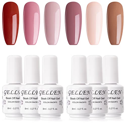 Gellen Gel Nail Polish Kit - 6 Colors Pink Nudes, Natural Shades Brown Peach Warm Tones Nail Gel Polish Gel Manicure Set