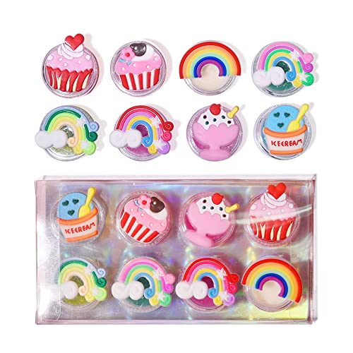 Mebtmel 8PCS Cute Lip Gloss for Girls, Party Favors Lip Balm Set for Kids, Assorted Fruity Flavors Cute Cupcake of Rainbow Designs Birthday Gift
