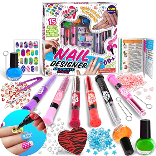 Nail Polish Kit for Kids Ages 7-12, FunKidz Nail Pens Combo Kit Girl Gift Peelable Nail Art Studio Set with Cool Girly Decoration Stuff- Polish, Pen, Pearls, Glitter, Stickers, Filer, Gems