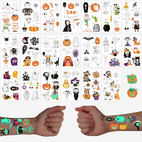 150 PCS Glow Halloween Tattoos for Kids-Halloween Party Supplies-Luminous Pumpkin/Candy/Ghost Tattoo Stickers, Kids Halloween Treats Halloween Gifts[Halloween Party Favors](20 Sheets)