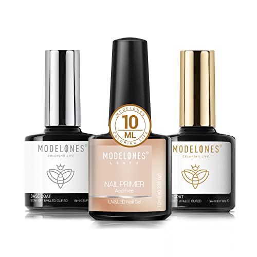 modelones Gel Top Coat and Base Coat With Nail Primer Set, 3Pcs No Wipe Base and top coat Gel Nail Polish Nail Bond Primer, 10ml New Upgraded Formula Long-Lasting Gel Nail kit