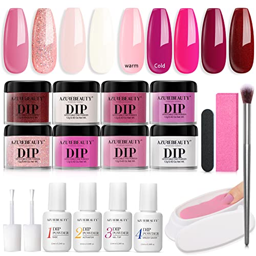 AZUREBEAUTY 18Pcs Dip Nails Powder Starter Kit, Electric Hot Pink Glitter 8 Colors Neon Dipping Powder Essential Liquid Base Top Coat for French Salon Nail Art Manicure Gift