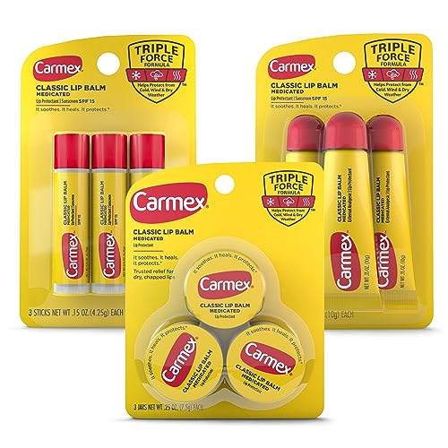 Carmex Medicated Lip Balm Variety Pack, Lip Moisturizer for Dry, Chapped Lips, Carmex Classic Sticks 0.15 oz, 3 count, Carmex Classic Tubes 0.35 oz, 3 count, Carmex Classic Jars 0.25 oz, 3 count
