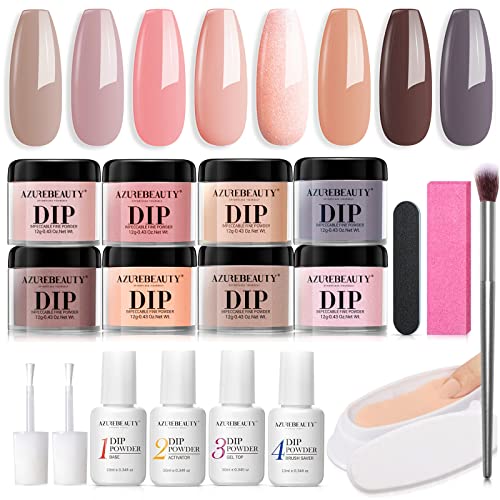 18Pcs Dip Powder Nail Kit Starter Pro- AZUREBEAUTY 8 Colors Nude Brown Skin Tones Pink Neutral Dipping Powder System, Recycling Tray with Base & Top Coat Activator for French Nail Art Manicure Mothers Day Gift