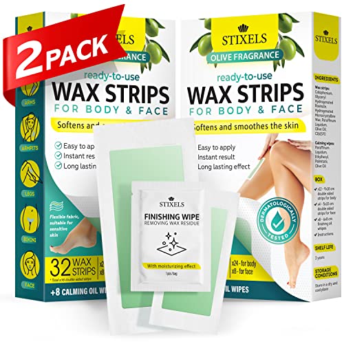 Wax Strips for Hair Removal on Face, Legs, Arms, Armpits, Bikini – 64 Count Waxing Kit for Women & Men with 48 Body Wax Strips, 16 Face Wax Strips, 16 Oil Wipes – 2 Pack