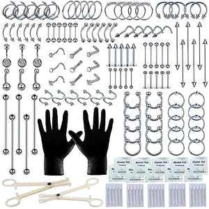 Tustrion 153Pcs Piercing Kit for all Body Piercings with Piercing Jewelry and Tools for Nose Septum Belly Button Lip Ear Tongue Cartilage Eyebrow and More with 12G 14G 16G and 20G Piercing Needles