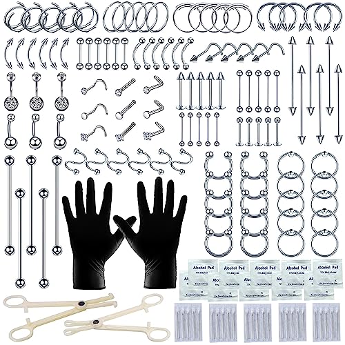 Tustrion 153Pcs Piercing Kit for all Body Piercings with Piercing Jewelry and Tools for Nose Septum Belly Button Lip Ear Tongue Cartilage Eyebrow and More with 12G 14G 16G and 20G Piercing Needles