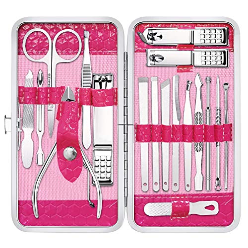 Gift for Women/Men,Nail Care kit Manicure Grooming Set with Travel Case - Yougai 18 Piece Stainless Steel Manicure Kit (Pink)