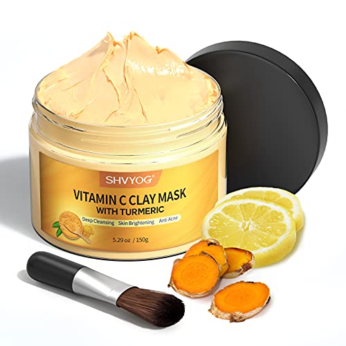 SHVYOG Turmeric Vitamin C Clay Mask, Facial Mask with Kaolin Clay and Turmeric for Dark Spots, Skin Care for Controlling Oil and Refining Pores 5.29 Oz