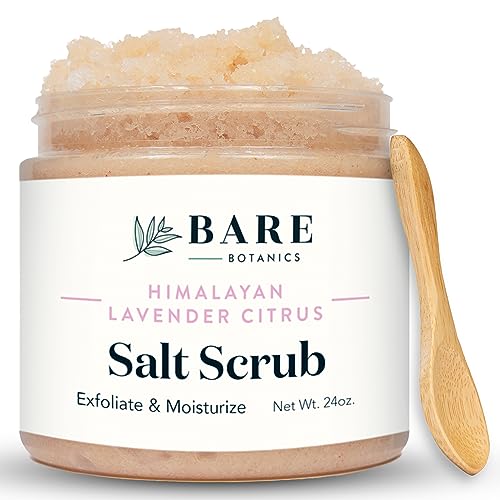 Bare Botanics Lavender Citrus Body Scrub 24oz | Made in Madison, WI | All Natural Himalayan Salt Exfoliator Skin Loving Moisturizers | Vegan & Cruelty Free | Gift Ready Packaging w/a Cute Wooden Spoon