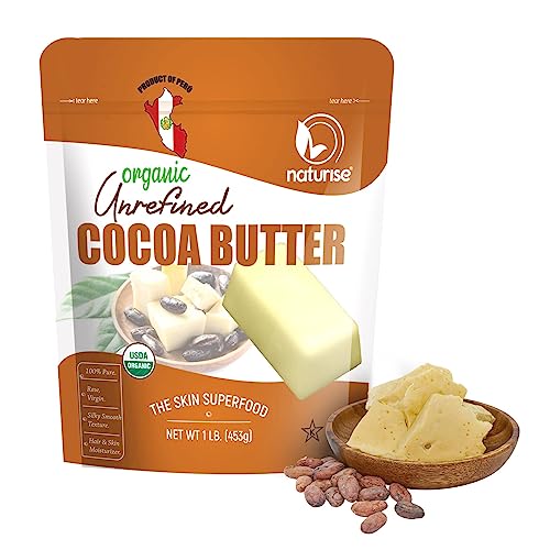 Naturise Cocoa Butter Raw Organic | Unrefined Cocoa Butter from Peru for Hair & Skin Moisturizer or DIY Cocoa Butter Lip Balm & Body Butter for Women & Men | Organic No Artificial Fillers or GMOs | 1lb