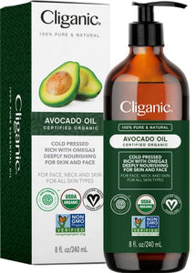 Cliganic Organic Avocado Oil, 100% Pure (8oz) - for Skin & Hair, Nourishing Carrier Oil for Face & Body
