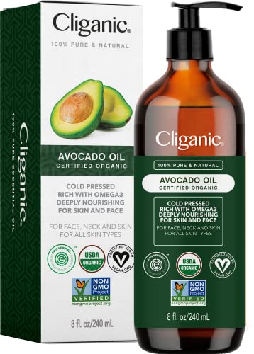 Cliganic Organic Avocado Oil, 100% Pure (8oz) - for Skin & Hair, Nourishing Carrier Oil for Face & Body
