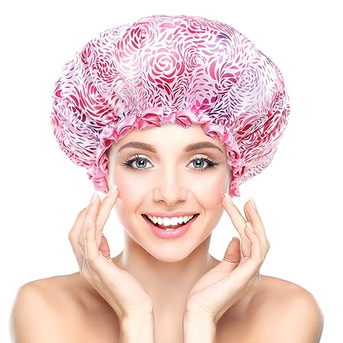 mikimini Shower Caps, Reusable Bath Shower Caps 2 Packs for Women Long Hair, Double Layer Waterproof Bathing Shower Hat for Girls, Floral Print