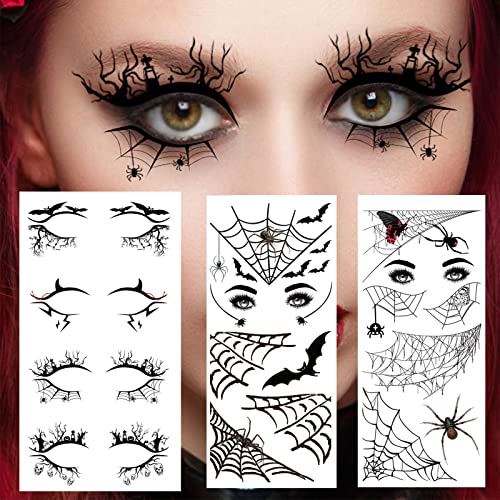 4 Pairs Halloween Eye Shadow Stickers Eyeliner Decals Spider Web Skull Bat Temporary Tattoo Stickers Face eye Makeup Stickers for Women Girls Halloween Masquerade Party.