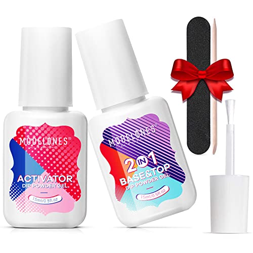 modelones Dip Powder Liquid Set - Dipping Powder Base Top Coat 2 in 1 with Activator 0.5oz for Nail Art Manicure Contain Nail Accessories, Long-lasting and Shinning