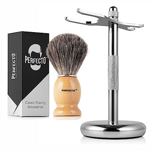 Perfecto Brown Shaver Brush + Chrome Stand Bundle