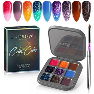 Modelones 2022 Upgraded Crème Gel Nail Polish Set Manicure Palette, 9 Colors Solid Gel Polish Pudding Gel - Temperature Color Changing Gel Polish Soak Off LED Nail Art Kit Salon DIY, with Nail Brush