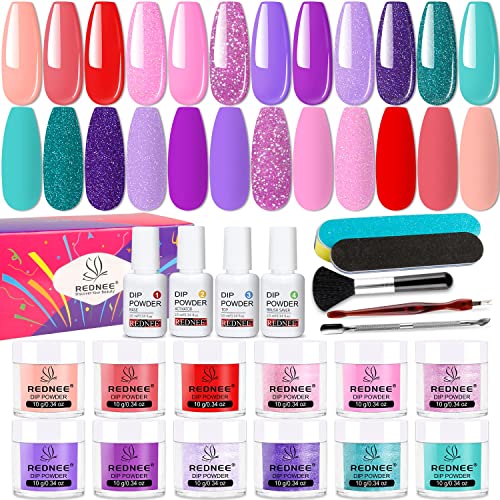 REDNEE 21pcs Dip Powder Nail Kit Starter - 12 Colors Spring Colors Acrylic Nail System with Tools for Manicure Nail Design RE38