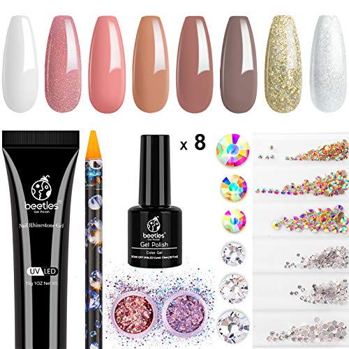 Beetles 8 Colors Nude Pinks Gel Nail Polish Kit with 720 Pcs AB Round Crystal Rhinestones & 2 Colors Purple Pink Golden White Glitter Nail Art Set French Manicure (Include Rhinestones Glue and Picker)