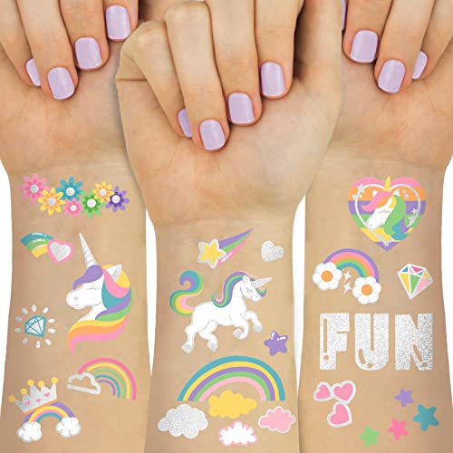 Waterproof Temporary Tattoos - 118pcs Groovy Fake Tattoo for Kids Birthday Party Supplies, Star Unicorn Smiley Rainbow Flower Candy Crown Arts and Crafts for Boys or Girls 6 7 8 9 10 11 12 years old