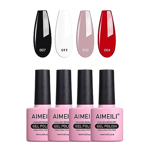 AIMEILI Gel Nail Polish Soak Off U V LED Gel Nail Lacquer, Elegant Classic Nude Black Red White Color Gel Set Of 4pcs X 10ml - Kit Set 19