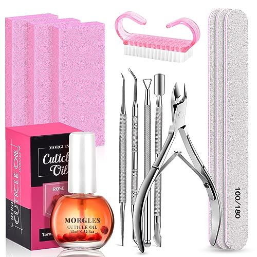 Nail File and Buffer Set, MORGLES 3pcs Nail Files 100/180 with 2pcs Nail Buffer Blocks, 5pcs Cuticle Trimmer Set, Cuticle Softener Rose Cuticle Oil for Nails, Manicure Tool Kit for Women Cuticle Care