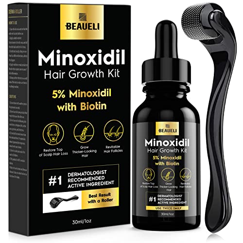 BEAUELI 5% Minoxidil for Men and Women, Hair Growth Serum, Hair Growth for Men Kit with Roller Minoxidil 5% & Biotin for Hair Loss 1oz, 30ml