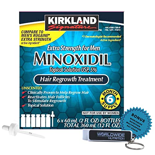 6 Months Kirkland Minoxidil 5% Extra Strength - Hair Regrowth Treatment for Men - 2 Fl Oz (Pack of 6) - with Worldwide Nutrition Bonus Key Chain
