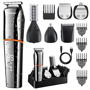 PRITECH Beard Trimmer,6 in 1 Kit Electric Hair Trimmers,Cordless Nose Trimmer Mens Grooming Trimmer for Beard Head Face and Body Waterproof IPX7 USB Rechargeable LED Power Display