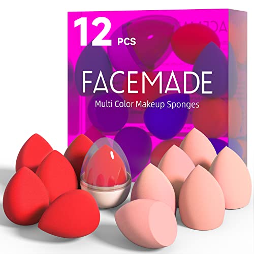 FACEMADE 12 PCS Makeup Sponge Set and 1 Sponge Holder, Latex Free Beauty Sponges, Flawless for Liquid, Cream and Powder, Super Soft Blending Sponge, Red Nude