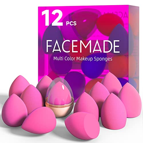 FACEMADE 12 PCS Makeup Sponge Set and 1 Sponge Holder, Latex Free Beauty Sponges, Flawless for Liquid, Cream and Powder, Super Soft Blending Sponge, Pink